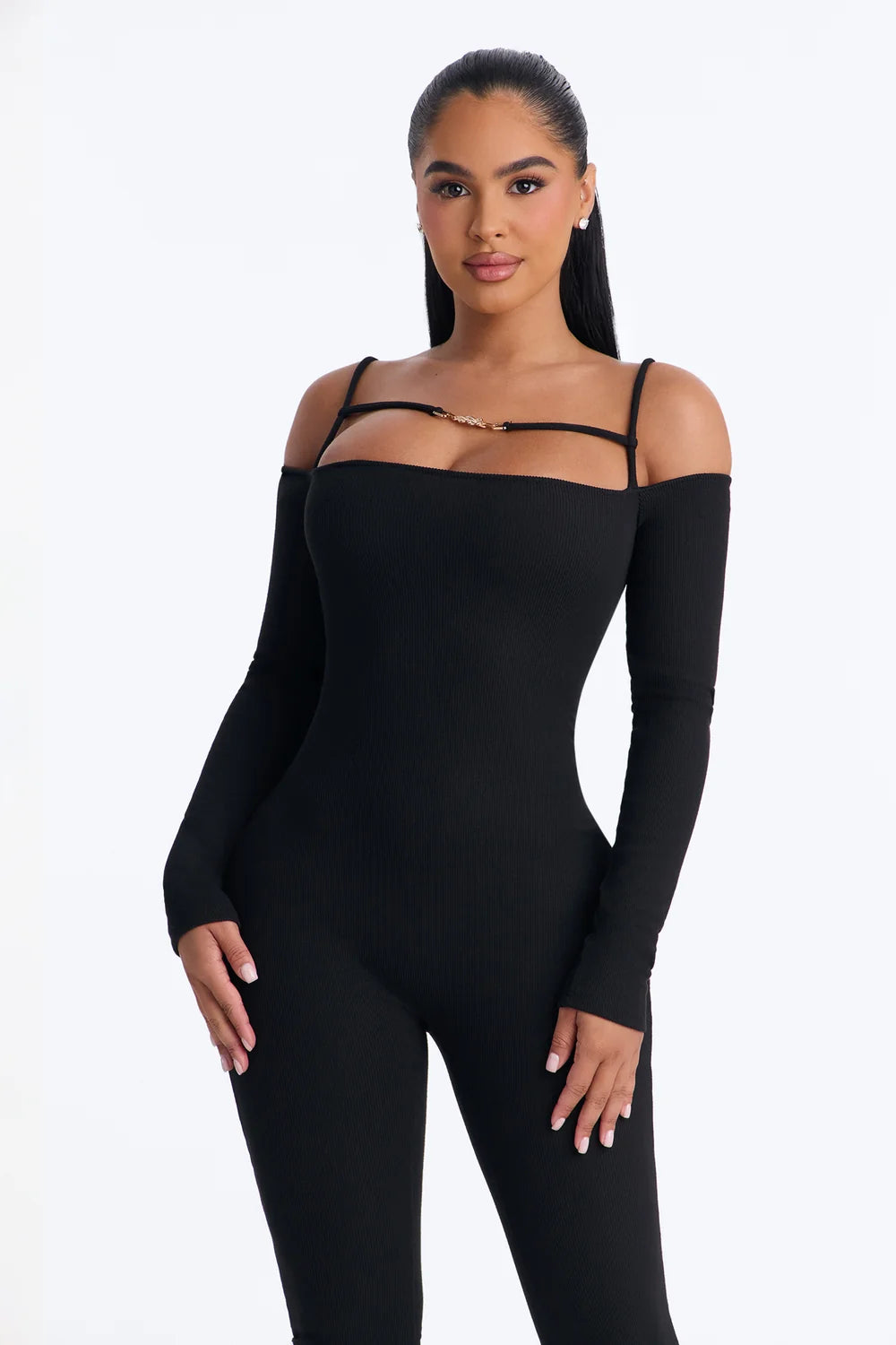 Black Ribbed Catsuit with Sleeveless Tank Top and Full Ankle Coverage