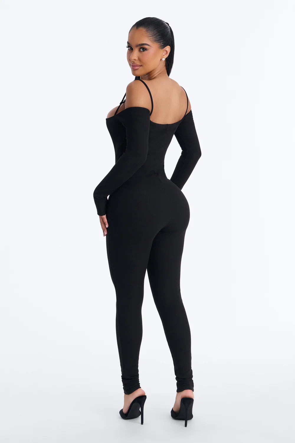 Black Ribbed Catsuit with Sleeveless Tank Top and Full Ankle Coverage