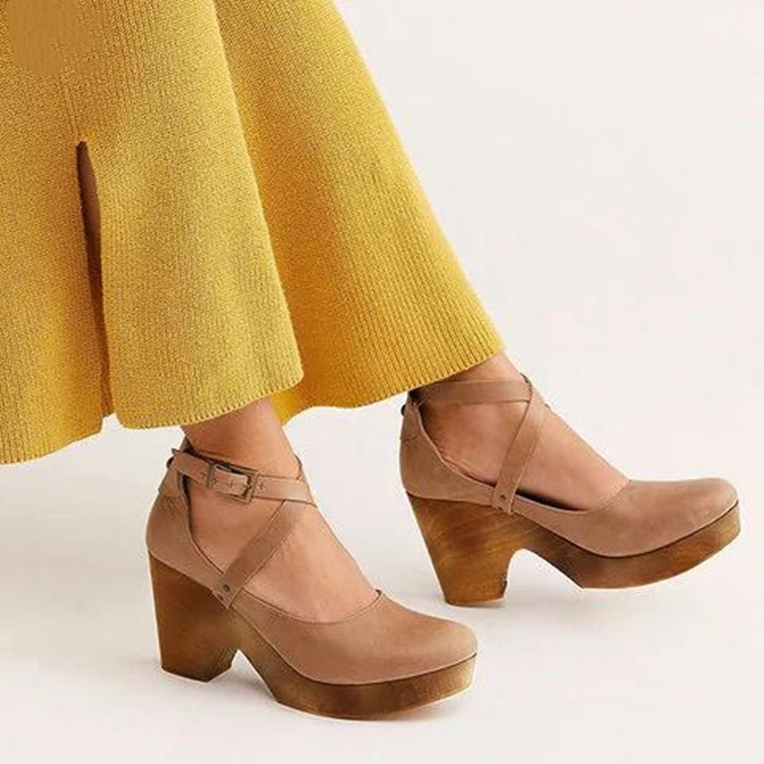 Wedge Heels with Adjustable Ankle Strap and Closed Toe, Cushioned Insole