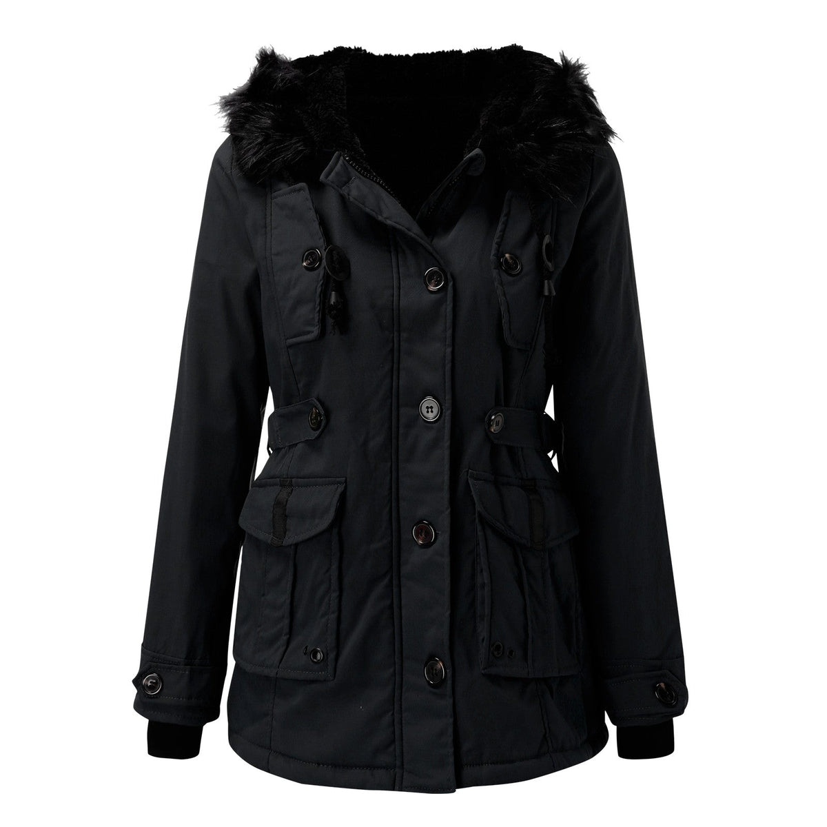 Womens Hooded Winter Coat with Faux Fur Hood Trim and Tailored Fit, Light Thermal Fill