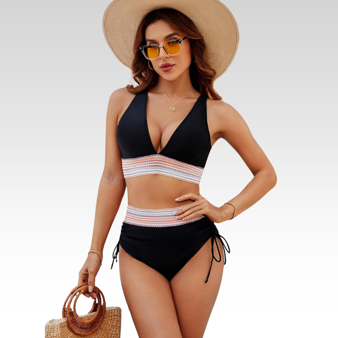 High Waisted Bikini with Gathered Front Panel and Adjustable Straps, Color Block Design