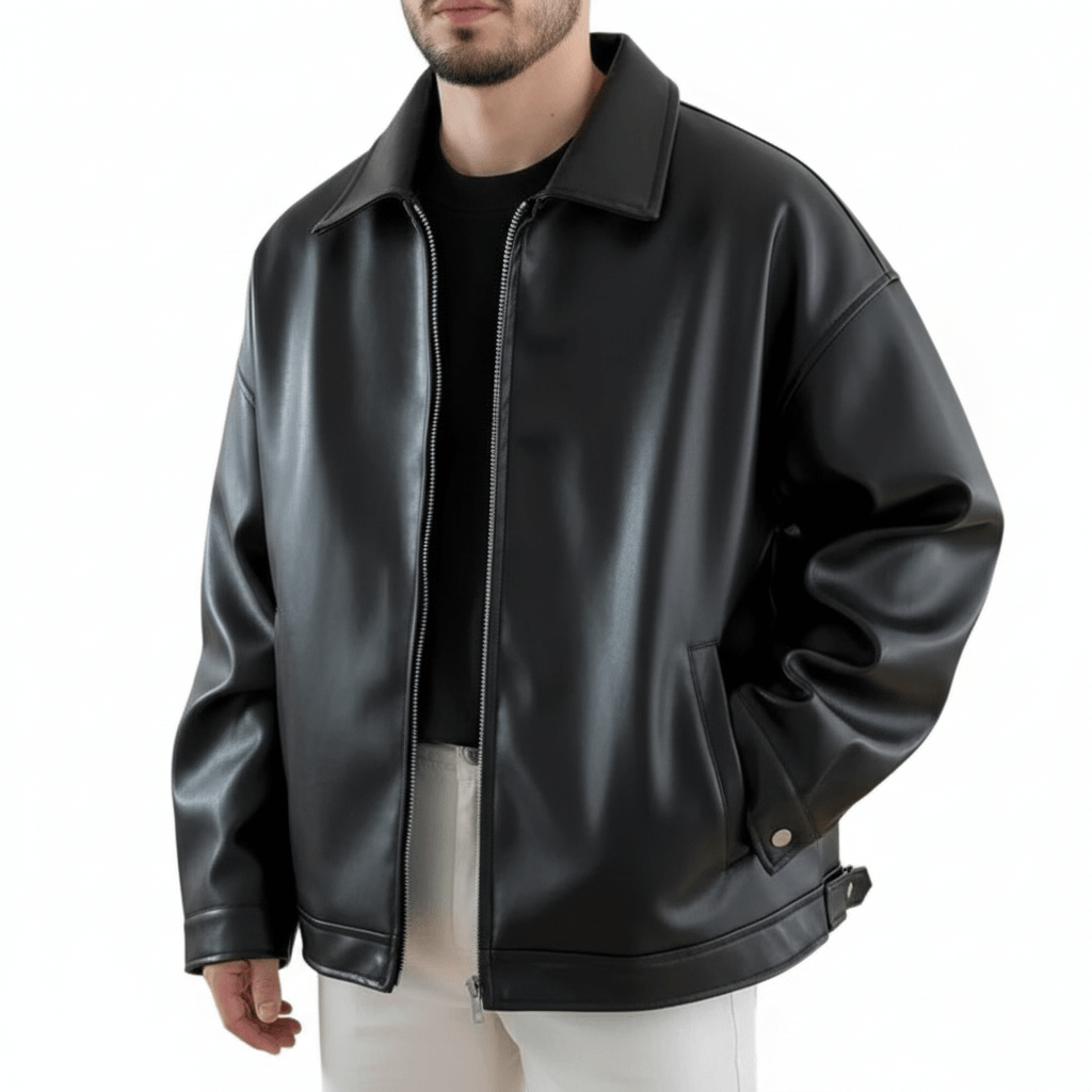 Luminovi | Oversized Leather Bomber Jacket-Jacket