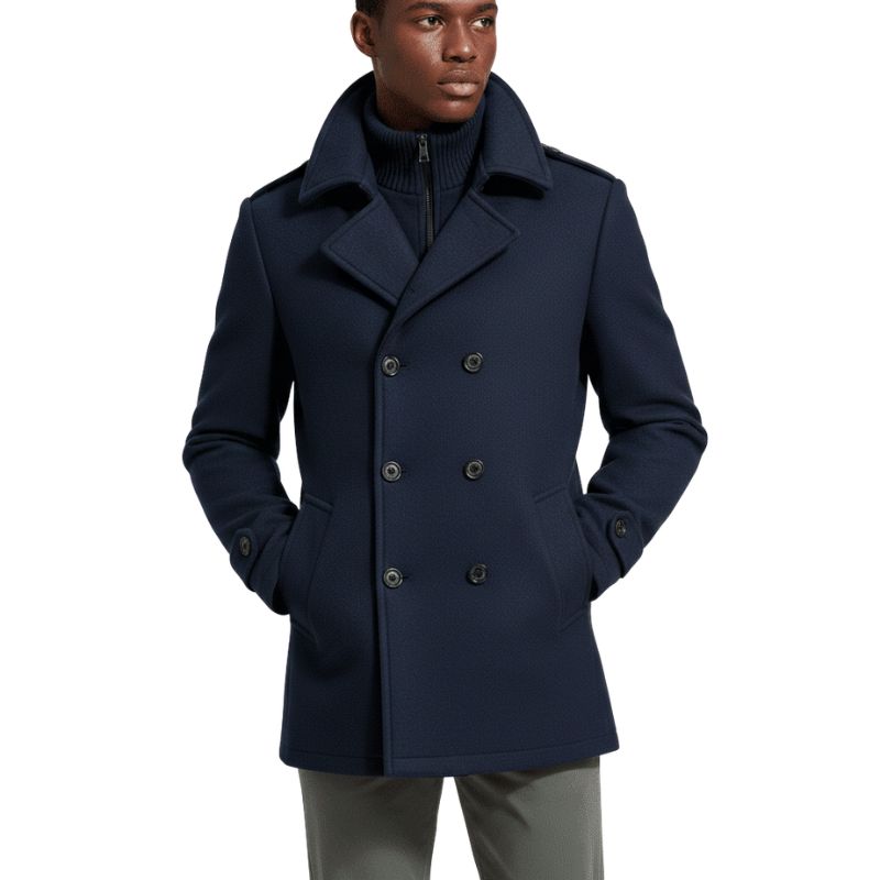 Wool Blend Overcoat for Men, Long Navy Winter Coat