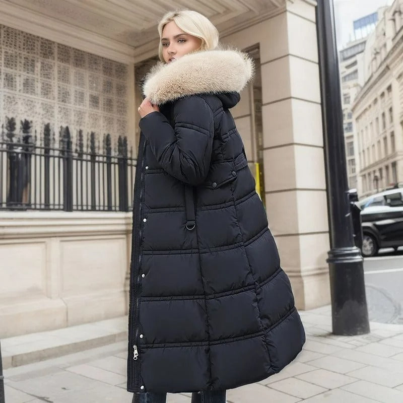 Womens Long Puffer Coat with High Collar and Quilted Fill, Full-Length Zipper