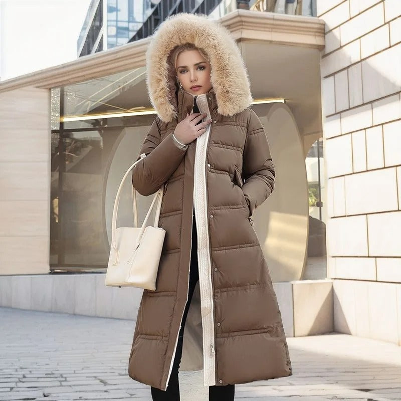 Womens Long Puffer Coat with High Collar and Quilted Fill, Full-Length Zipper