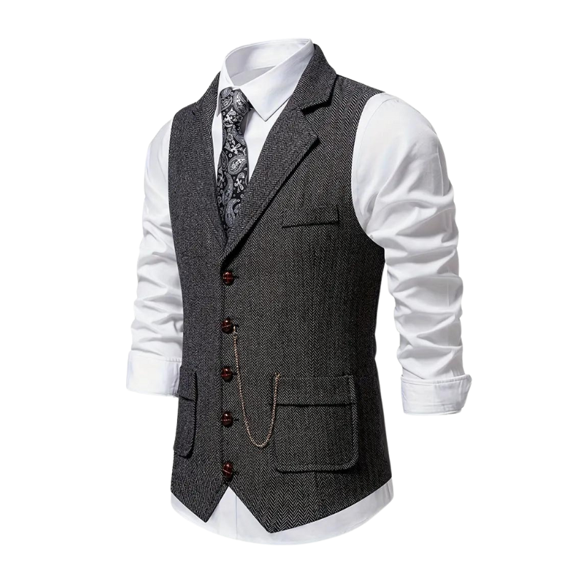 Herringbone Waistcoat for Men with Lapel and Decorative Chain, All-Season Fit