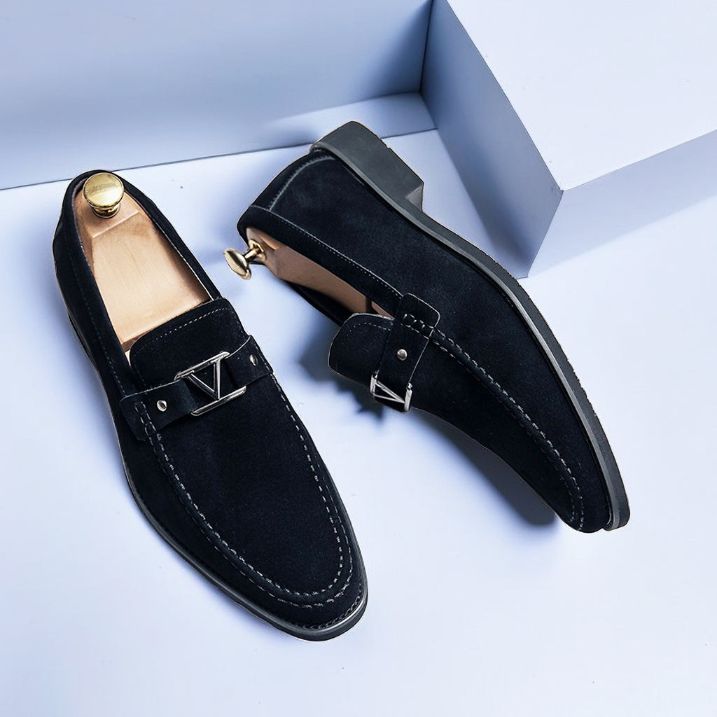 Mens Suede Loafers with Contoured Footbed and Low Heel, Slip-On Casual to Dress