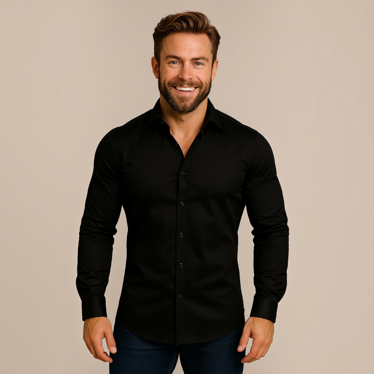 Mens Long-Sleeve Button-Up Shirt with Tailored Fit and Wrinkle-Resistant Finish