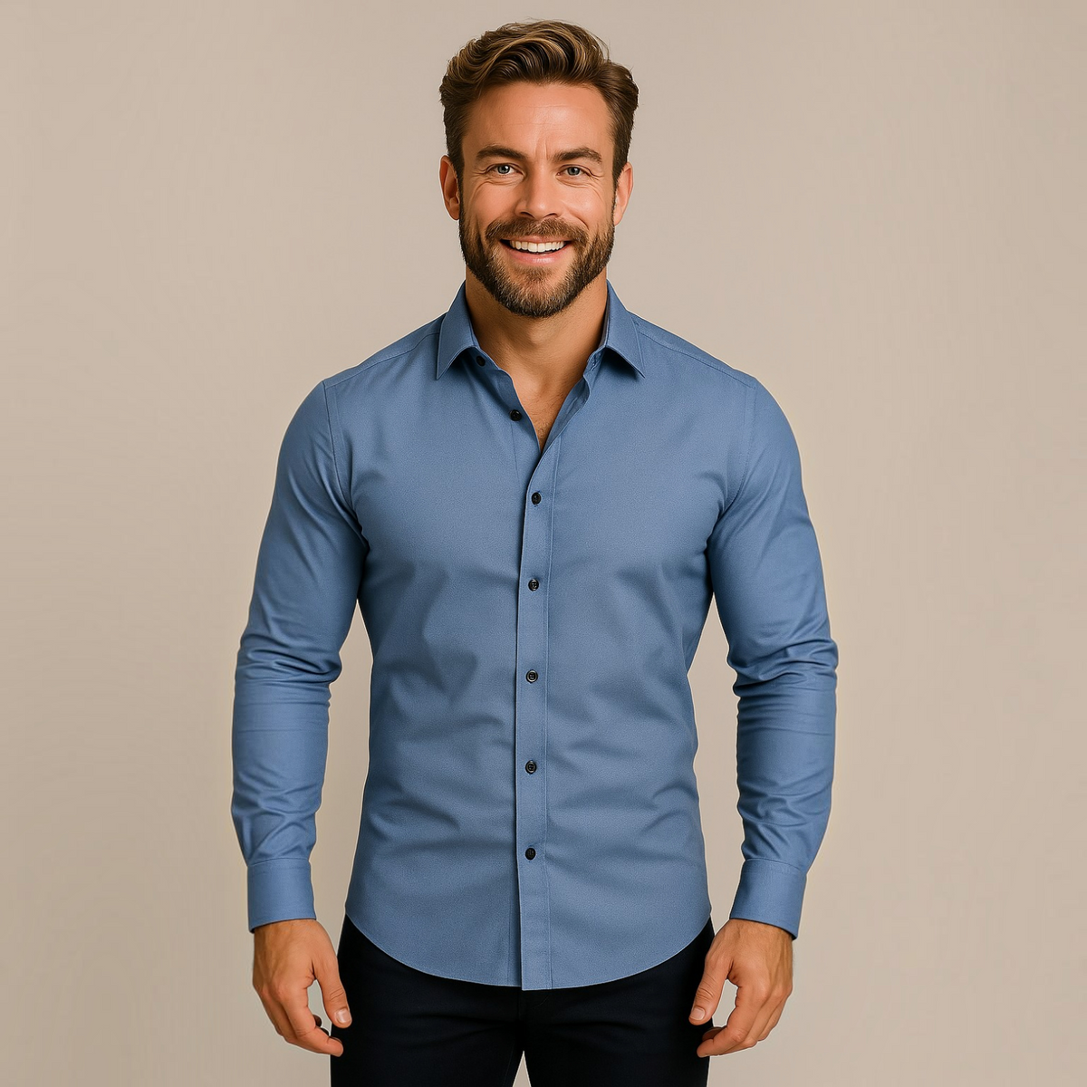 Mens Long-Sleeve Button-Up Shirt with Tailored Fit and Wrinkle-Resistant Finish