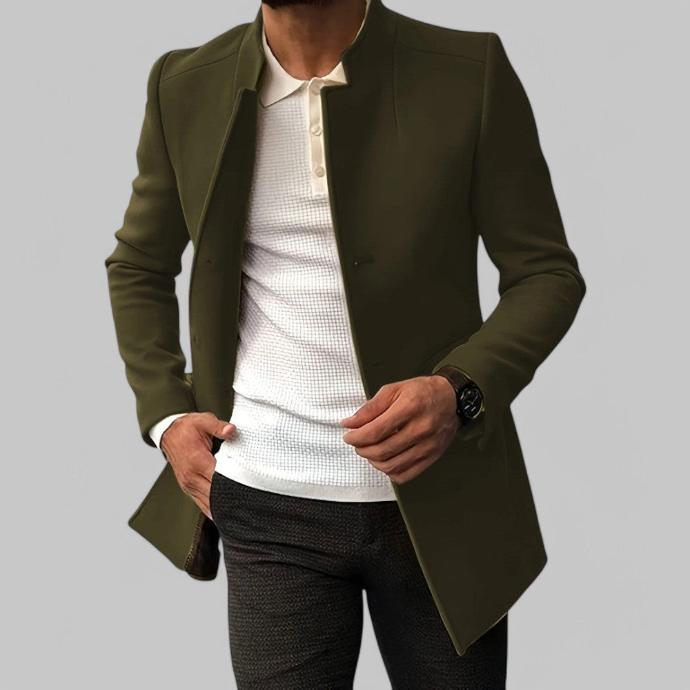 Mens Slim Coat with Concealed Button and Structured Shoulders, Wool Blend