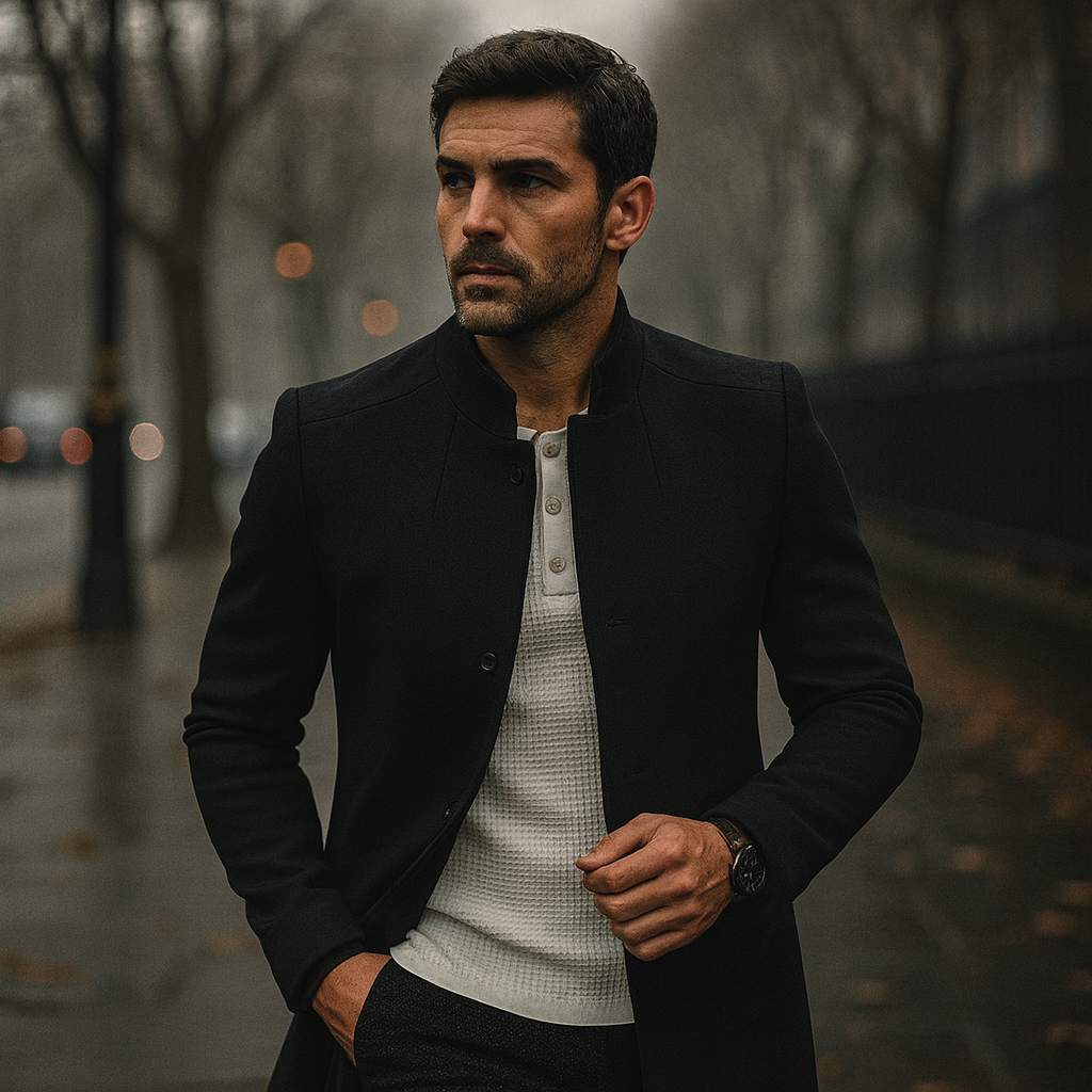 Mens Slim Coat with Concealed Button and Structured Shoulders, Wool Blend