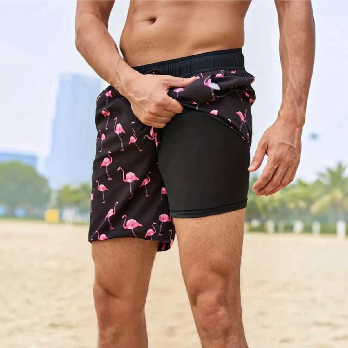 Mens Swim Shorts with Adjustable Drawstring Waist and Tropical Print, Quick-Dry Mid-Thigh