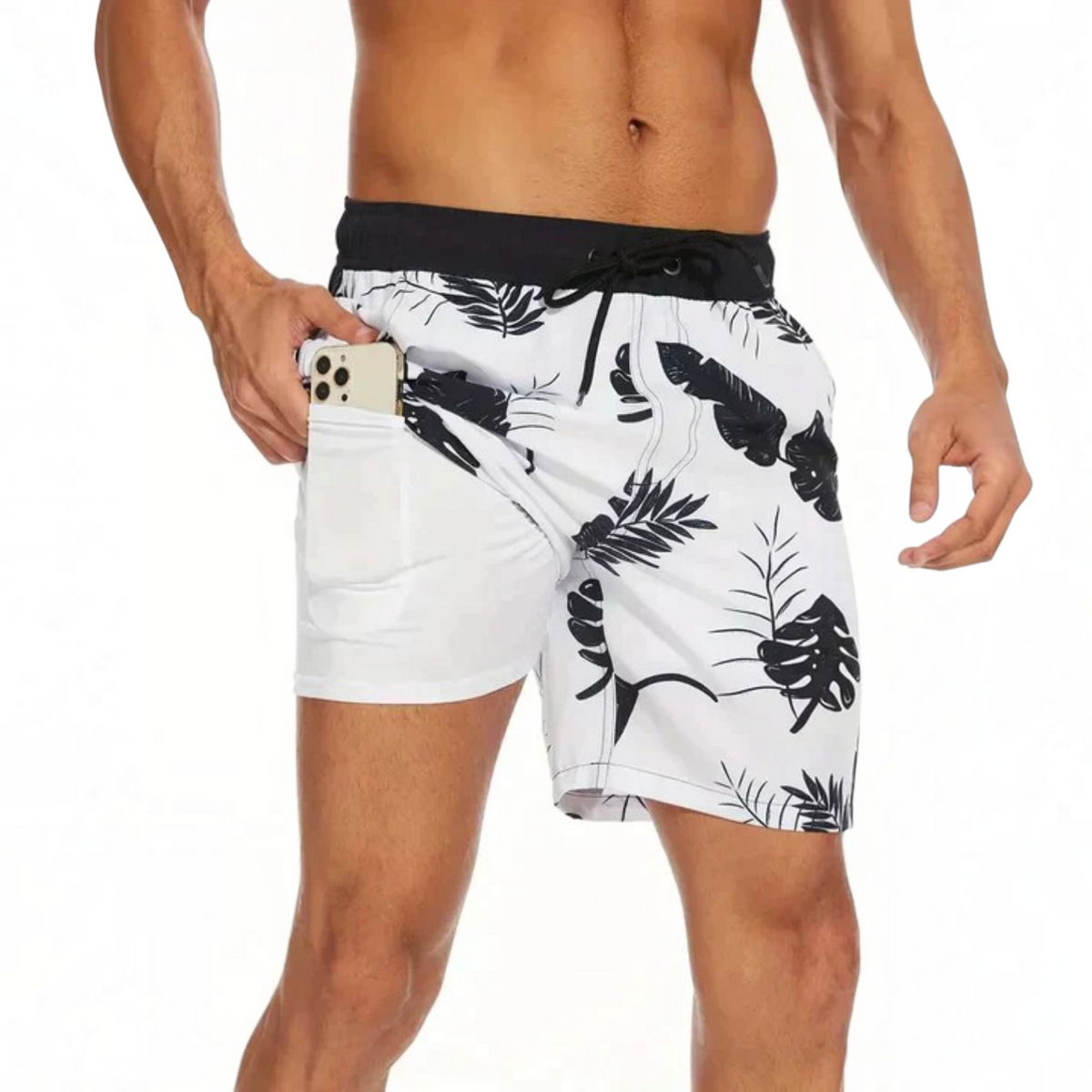 Mens Swim Shorts with Adjustable Drawstring Waist and Tropical Print, Quick-Dry Mid-Thigh