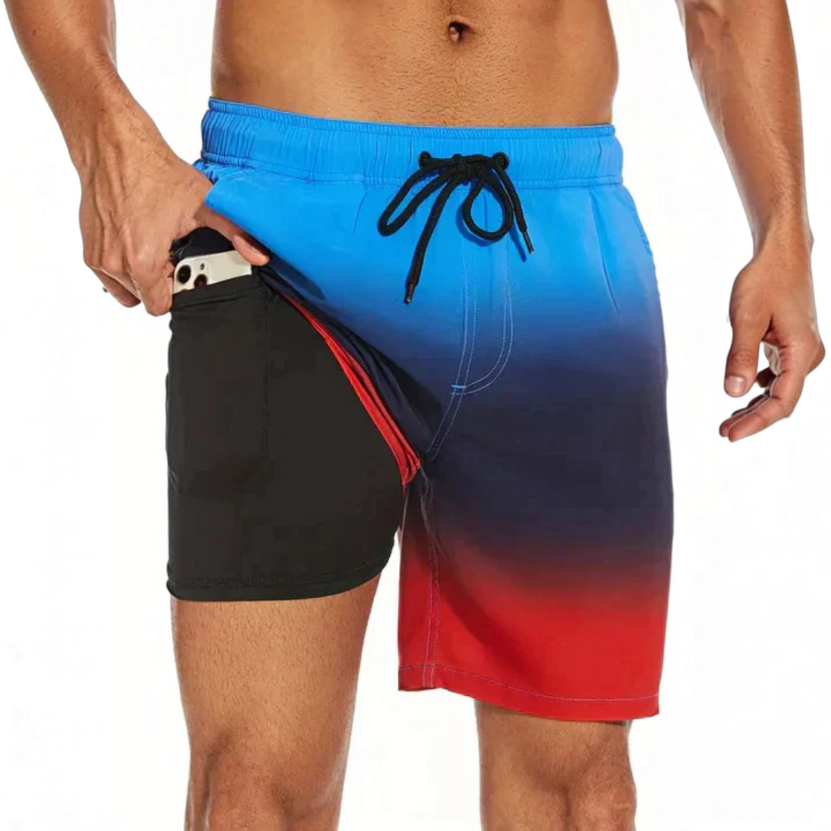 Mens Swim Shorts with Adjustable Drawstring Waist and Tropical Print, Quick-Dry Mid-Thigh