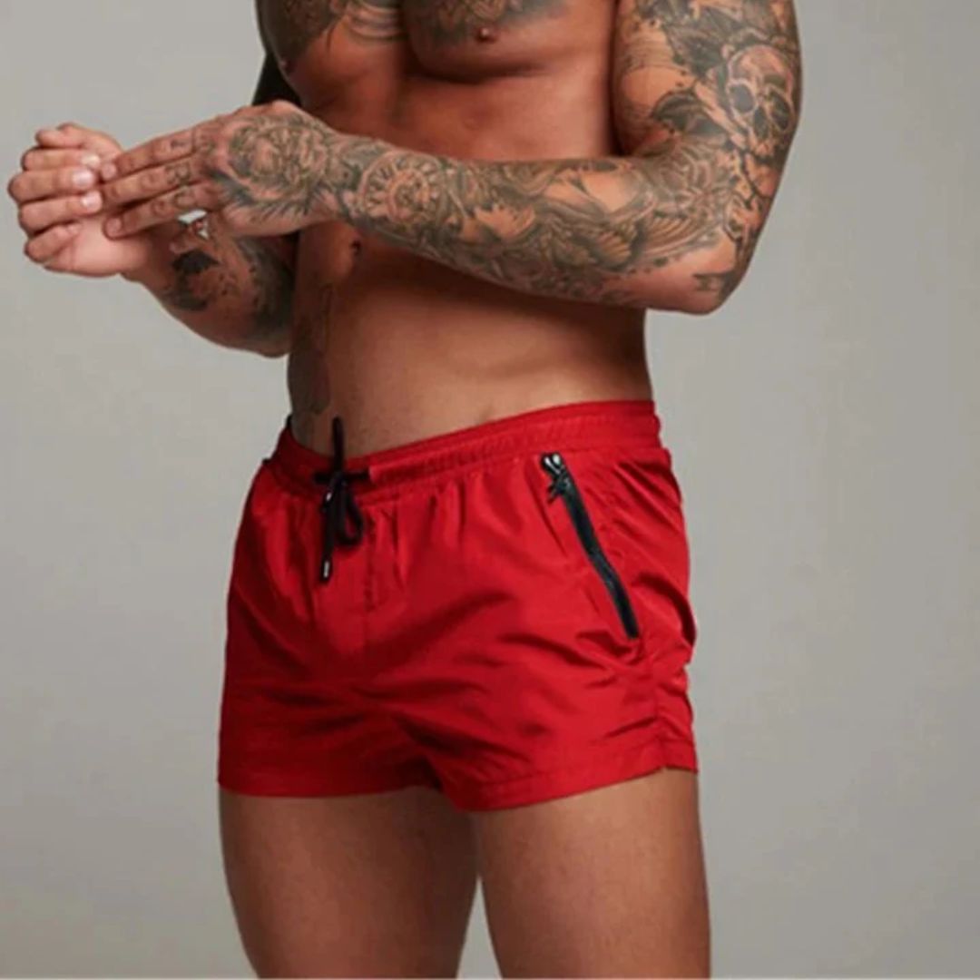 Mens Swim Shorts with Zip Pockets and Adjustable Drawstring Waist, Quick-Dry Mid-Thigh