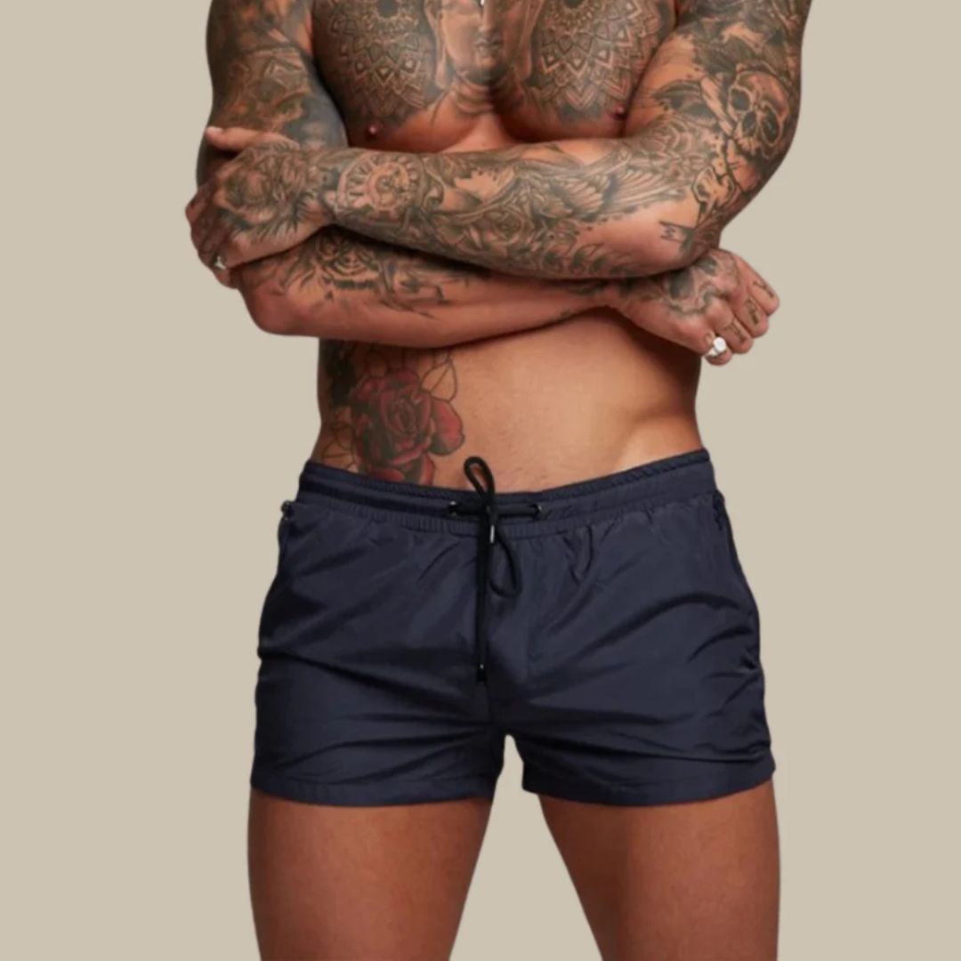 Mens Swim Shorts with Zip Pockets and Adjustable Drawstring Waist, Quick-Dry Mid-Thigh
