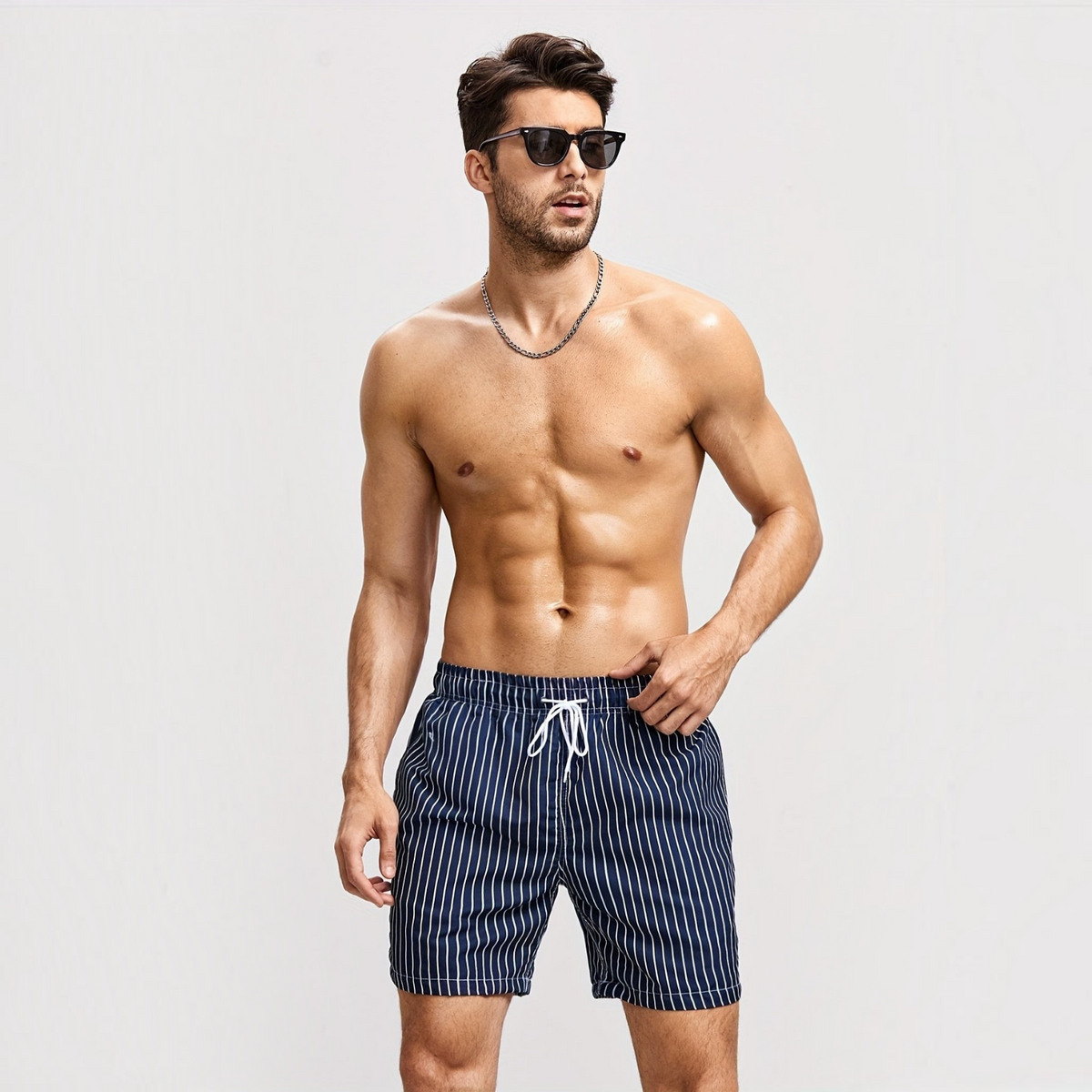 Striped Swim Shorts for Men with Drawstring Waist and Regular Fit, Pool-to-Street