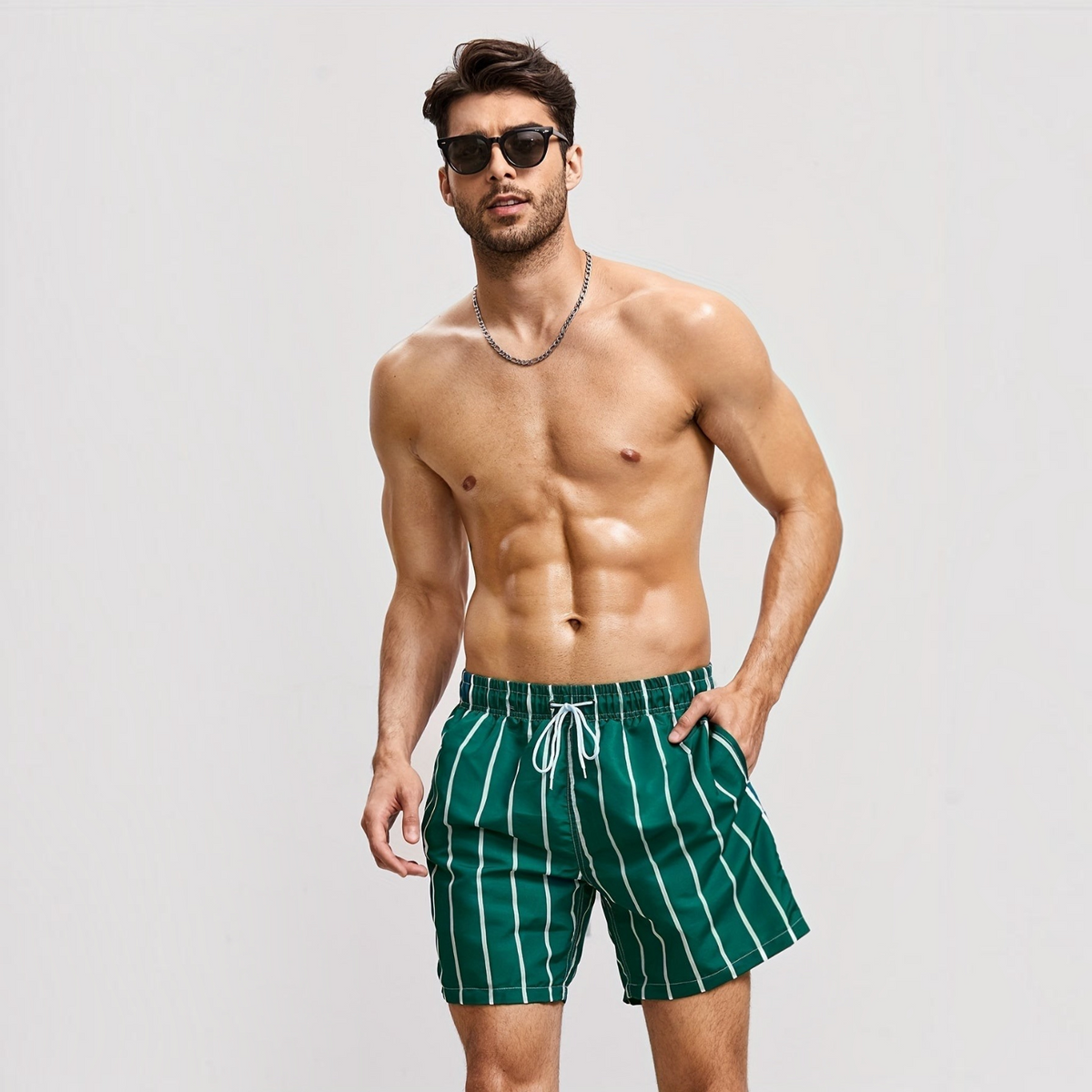 Striped Swim Shorts for Men with Drawstring Waist and Regular Fit, Pool-to-Street