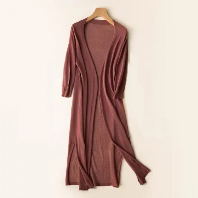 Long Cardigan with Open Front and Relaxed Longline Fit - Lightweight Knit