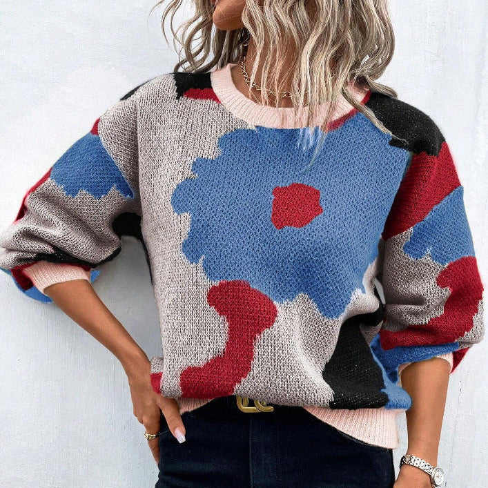 Floral Pullover Sweater with Crew Neck and Relaxed Fit, Machine Washable