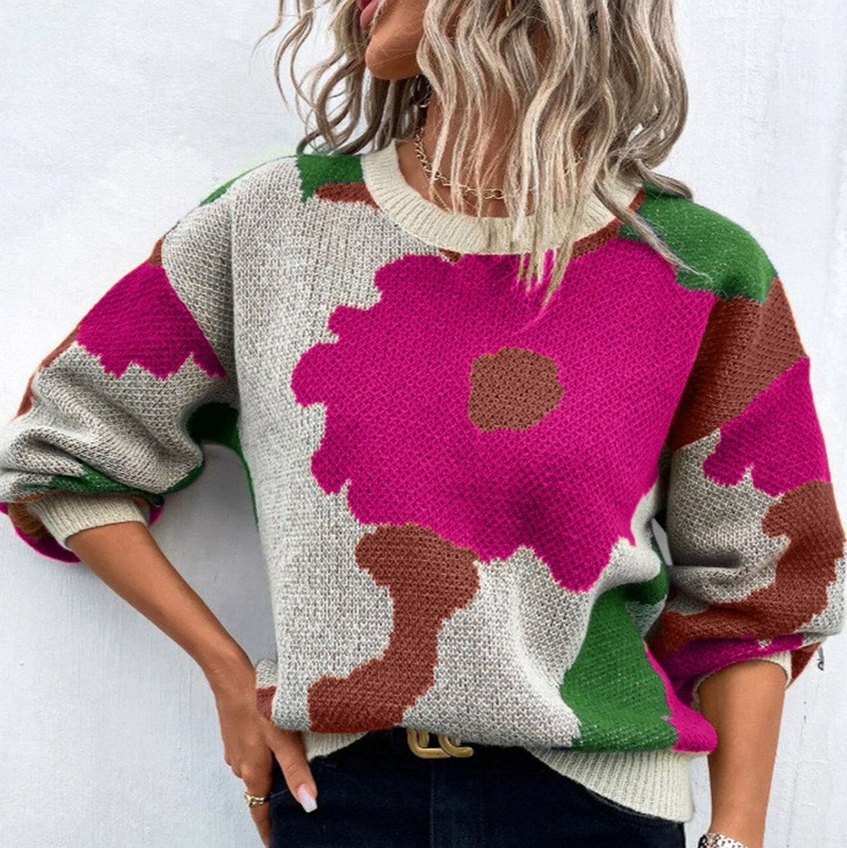Floral Pullover Sweater with Crew Neck and Relaxed Fit, Machine Washable