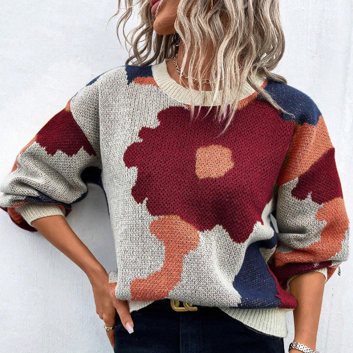 Floral Pullover Sweater with Crew Neck and Relaxed Fit, Machine Washable