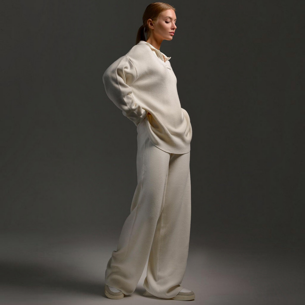 Womens Lounge Set with Soft Collar and Wide Leg Pants, Relaxed Knit Blend