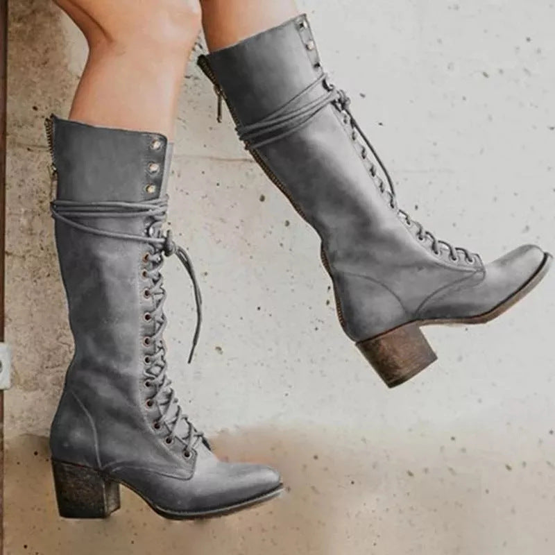 Knee High Lace Up Boots with Block Heel and Cushioned Insole, Synthetic Leather