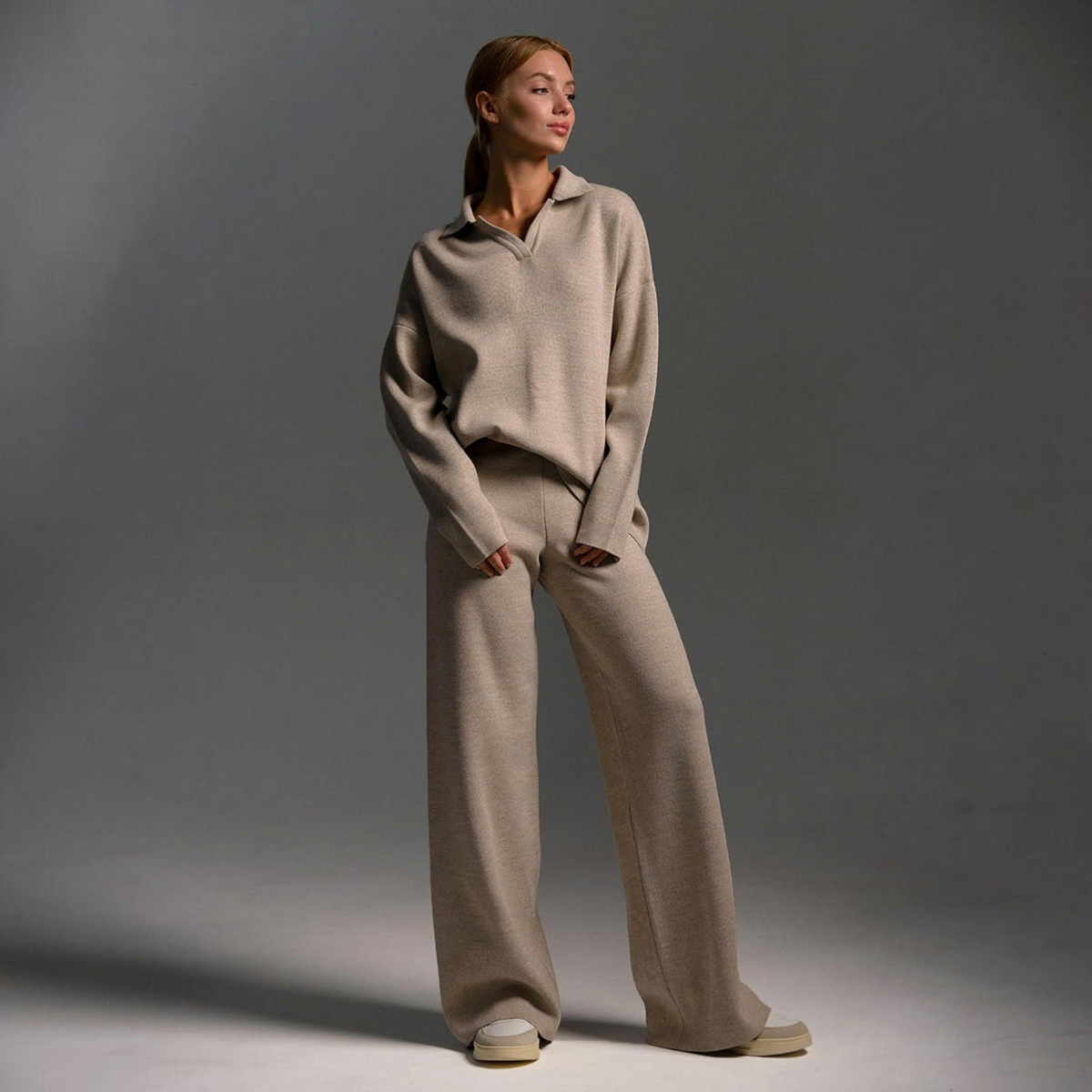 Womens Lounge Set with Soft Collar and Wide Leg Pants, Relaxed Knit Blend
