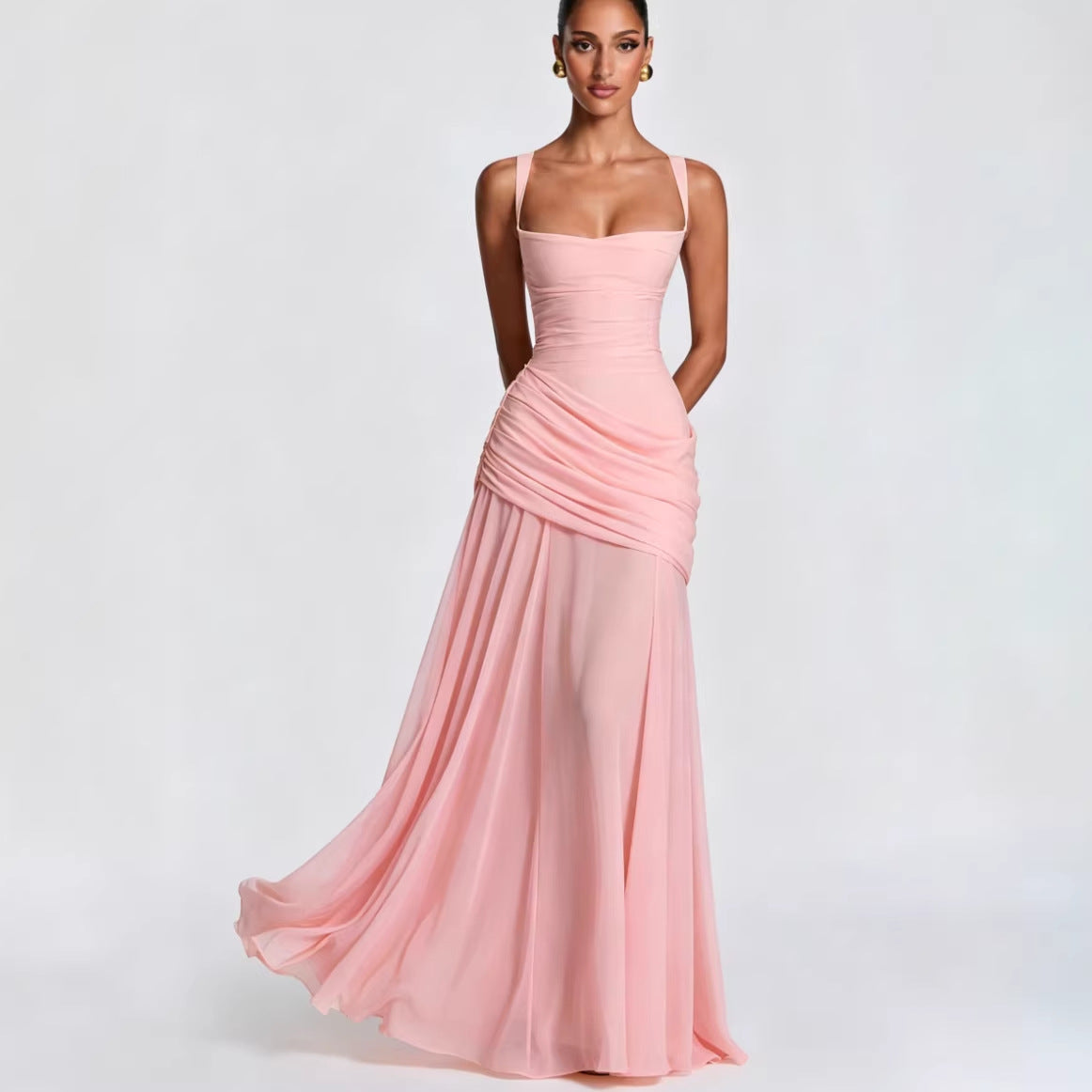 Chiffon Wedding Gown with Fitted Bodice and Flowing Skirt, Shoulder Straps