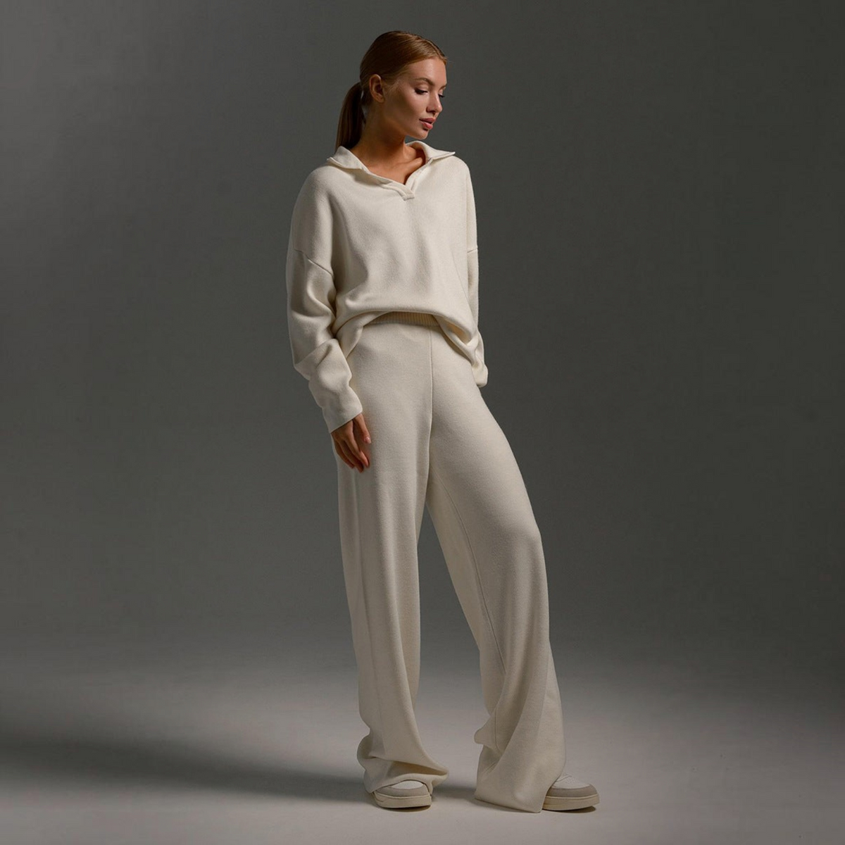 Womens Lounge Set with Soft Collar and Wide Leg Pants, Relaxed Knit Blend