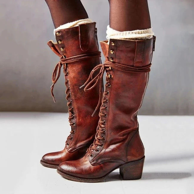 Knee High Lace Up Boots with Block Heel and Cushioned Insole, Synthetic Leather
