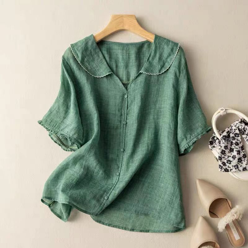 Womens Vintage Blouse with Scalloped Collar and Button Front, Lightweight Relaxed Fit
