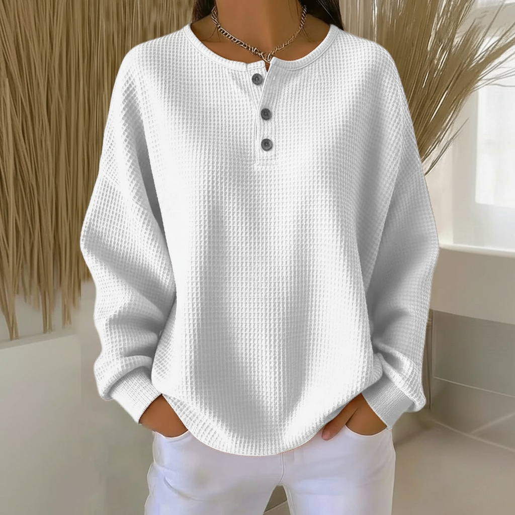 Waffle Knit Button Front Sweatshirt with Drop Shoulder Sleeves and Round Neckline