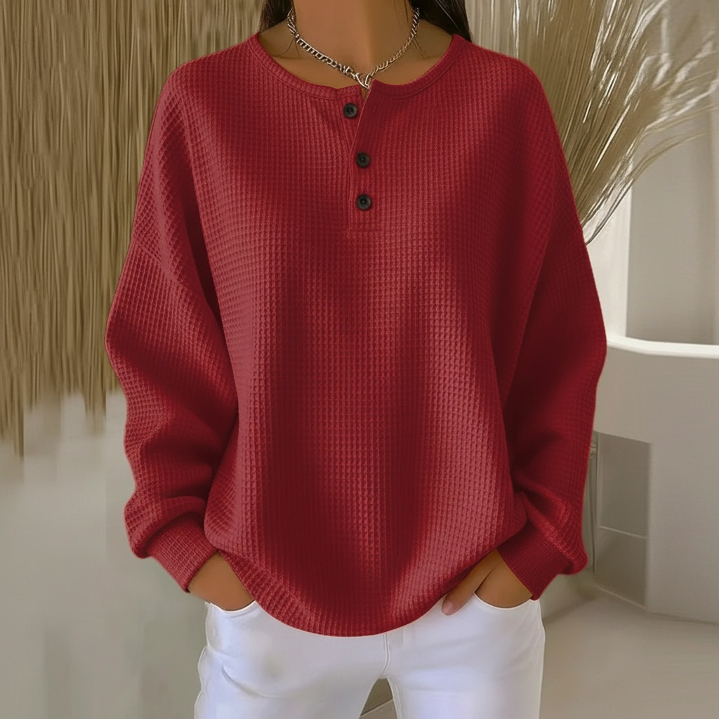 Waffle Knit Button Front Sweatshirt with Drop Shoulder Sleeves and Round Neckline