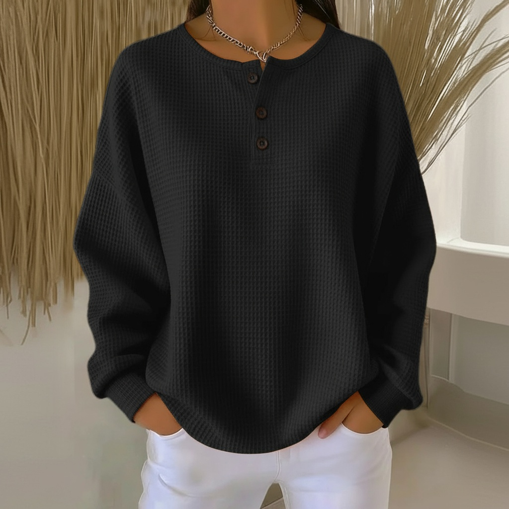 Waffle Knit Button Front Sweatshirt with Drop Shoulder Sleeves and Round Neckline