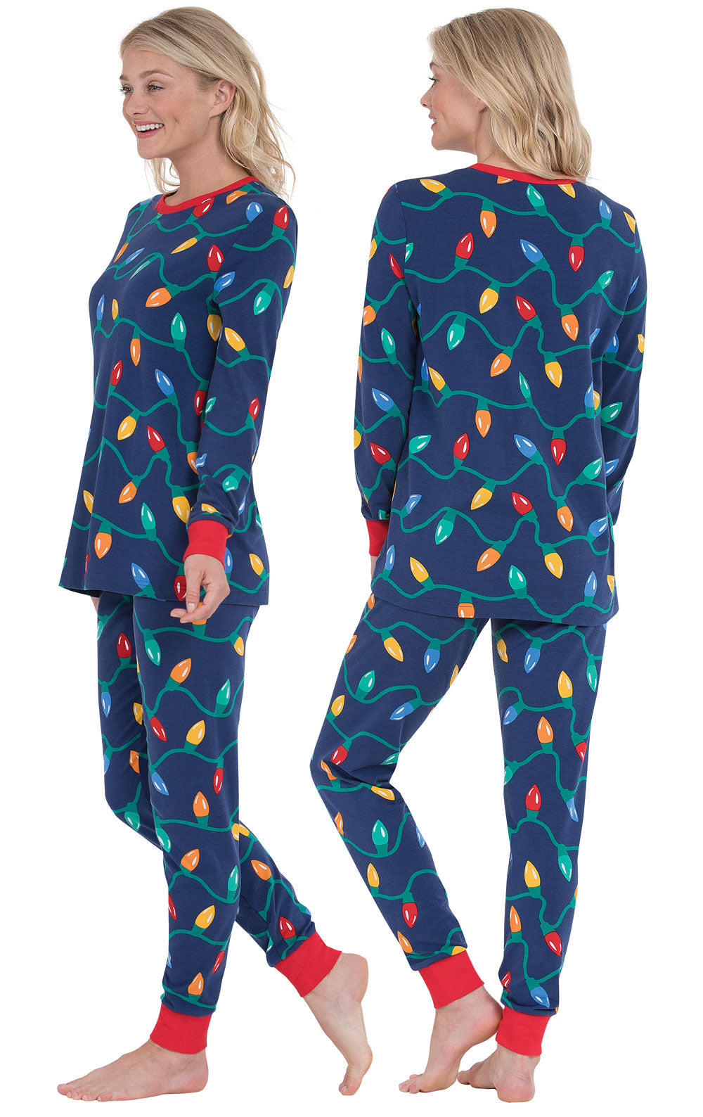 Cotton Jersey Pajama Set with Christmas Lights Pattern and Elastic Cuffs