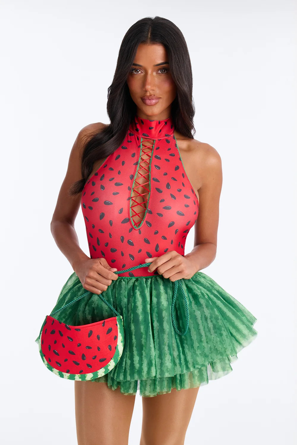 Four Piece Watermelon Costume Set with Stretch Bodysuit and Matching Purse