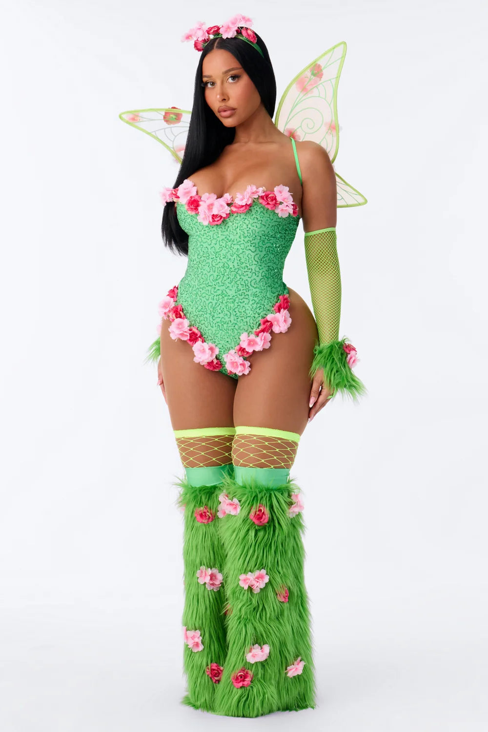 Green Fairy Costume Set with Corset Top and Skirt, Seven Pieces