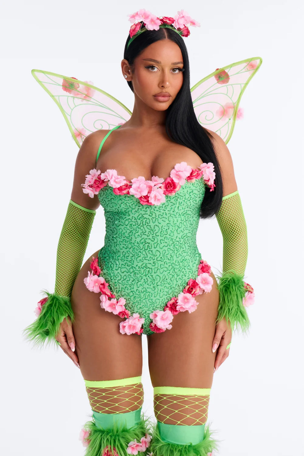 Green Fairy Costume Set with Corset Top and Skirt, Seven Pieces
