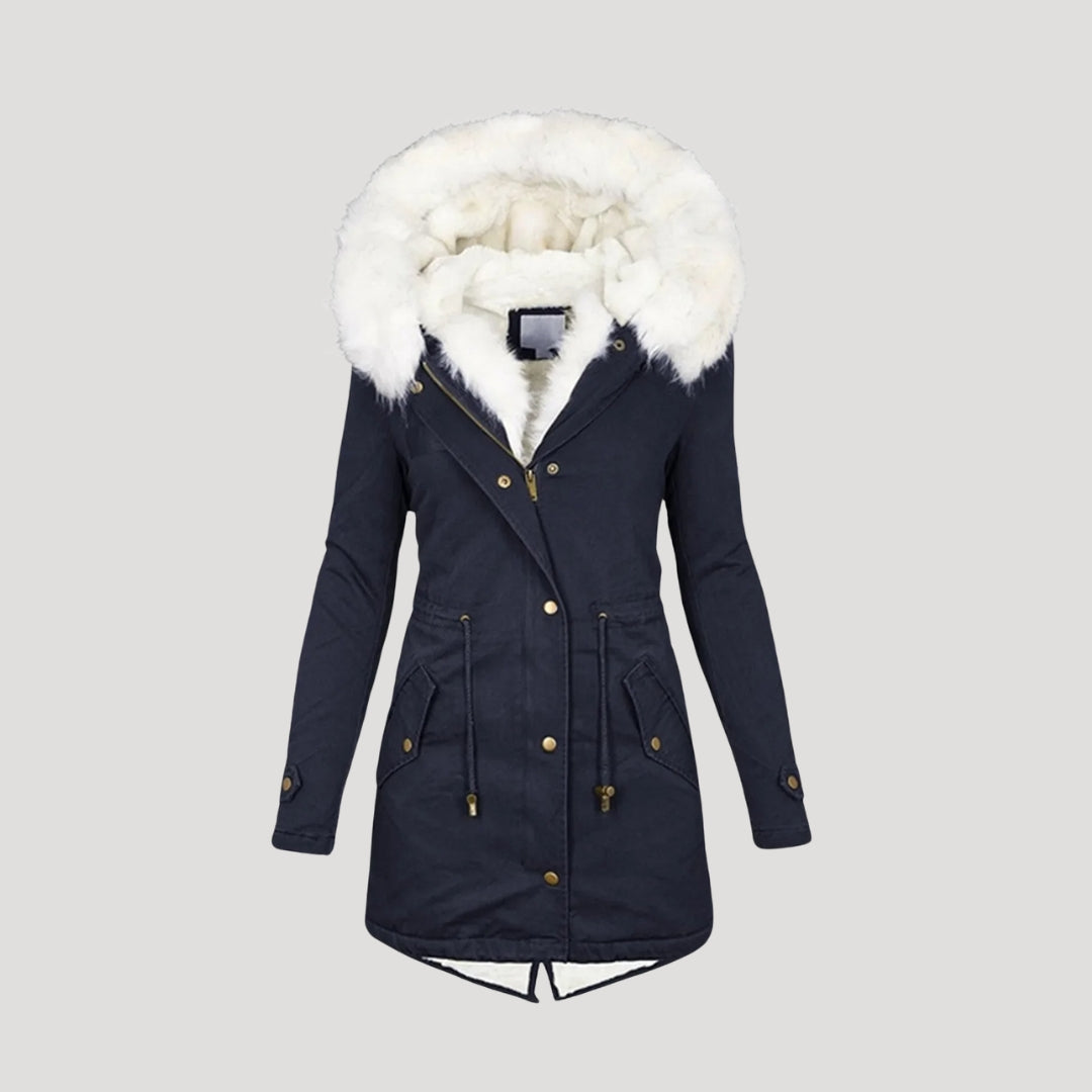 Womens Insulated Parka with Detachable Faux Fur Hood and Removable Belt, Multiple Pockets