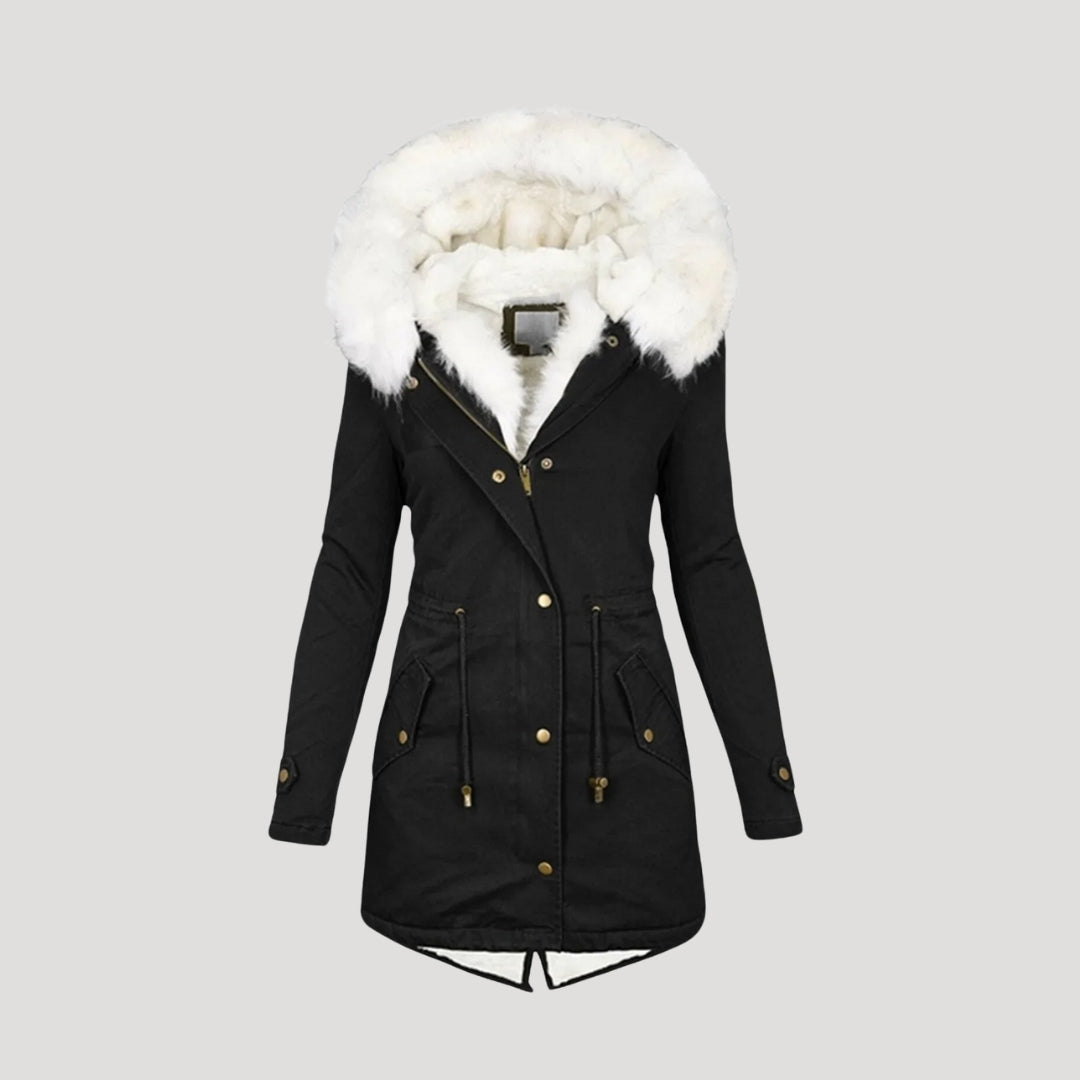 Womens Insulated Parka with Detachable Faux Fur Hood and Removable Belt, Multiple Pockets