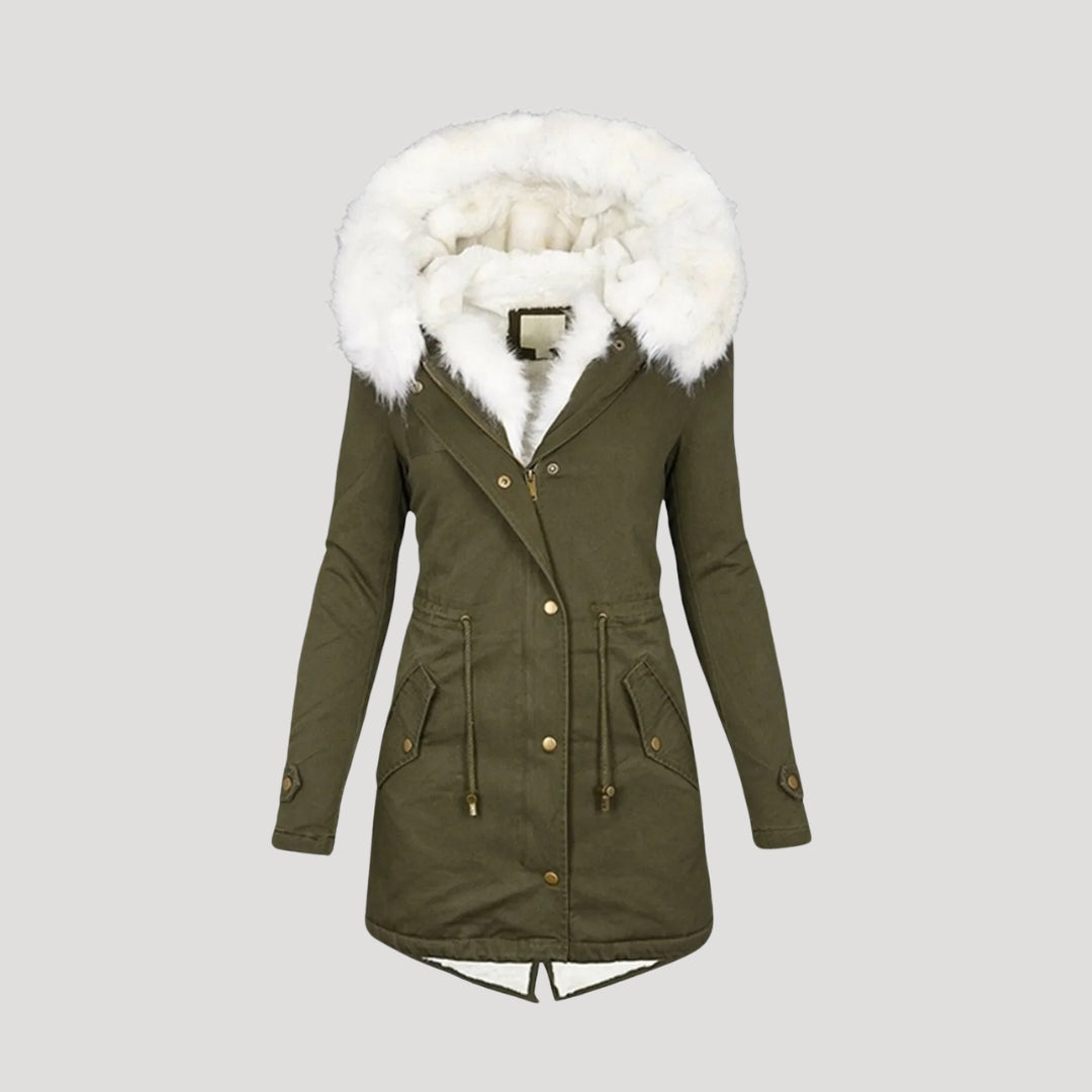 Womens Insulated Parka with Detachable Faux Fur Hood and Removable Belt, Multiple Pockets