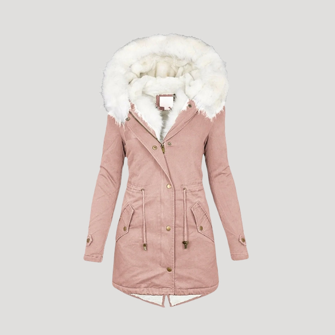 Womens Insulated Parka with Detachable Faux Fur Hood and Removable Belt, Multiple Pockets