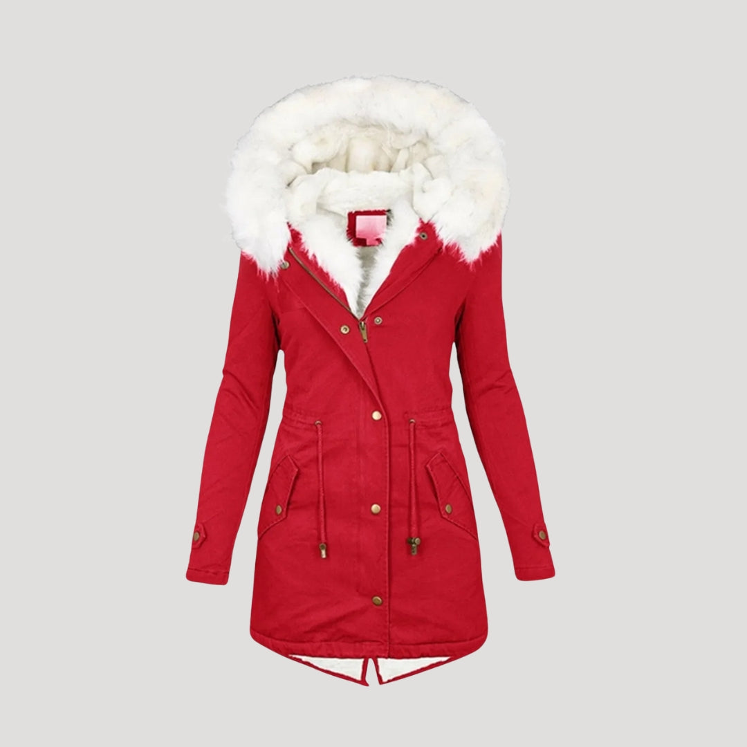Womens Insulated Parka with Detachable Faux Fur Hood and Removable Belt, Multiple Pockets