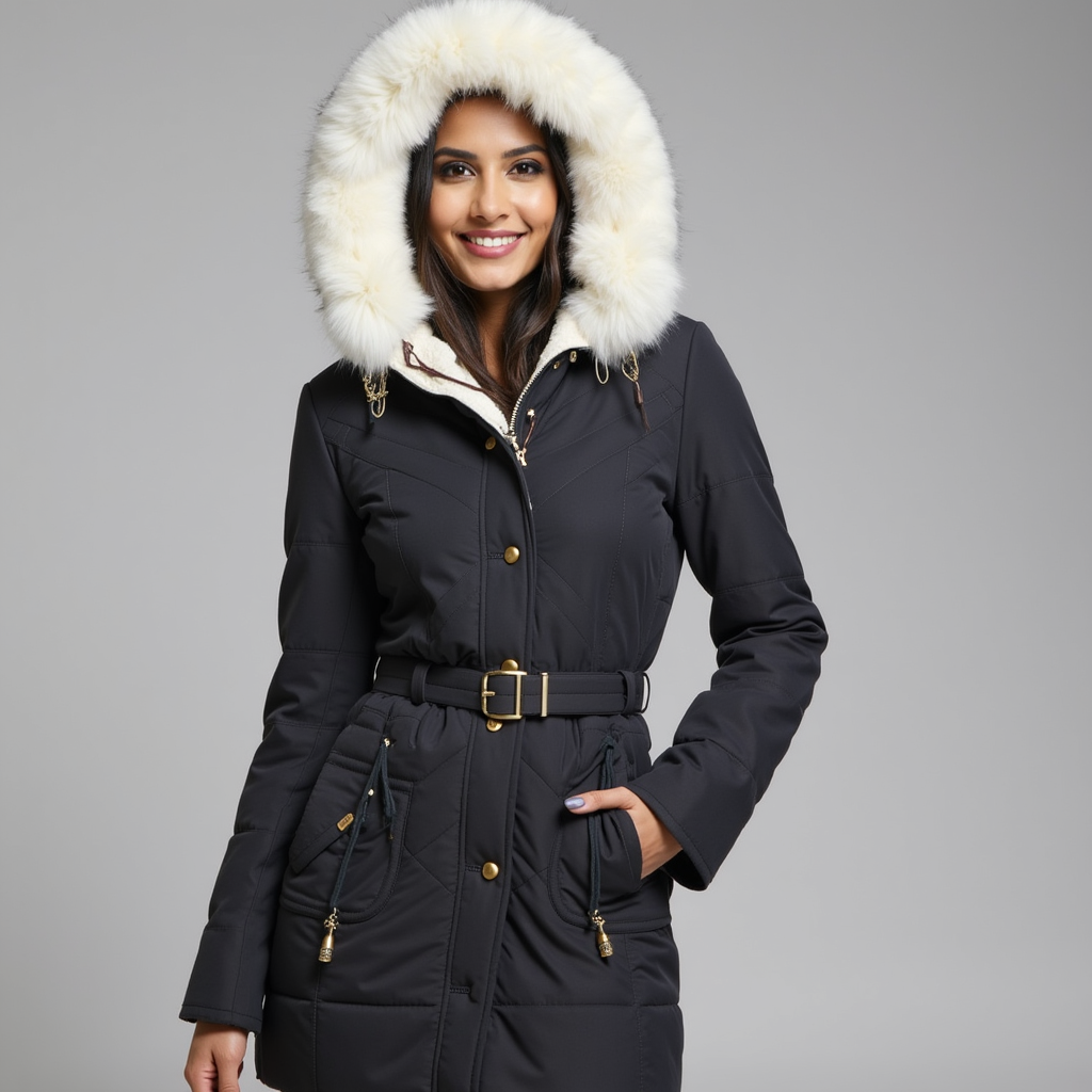 Womens Insulated Parka with Detachable Faux Fur Hood and Removable Belt, Multiple Pockets