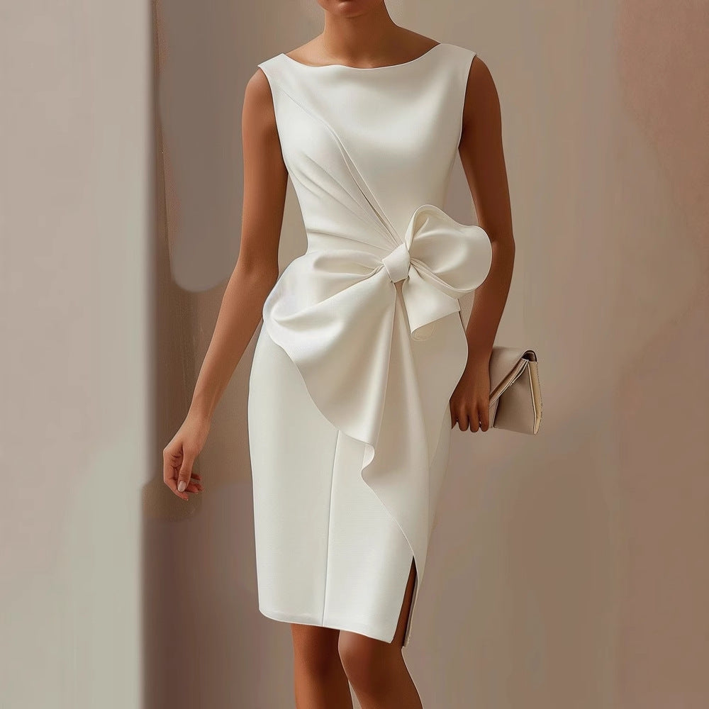 Sleeveless Dress with Oversized Bow and Asymmetric Draping for Events