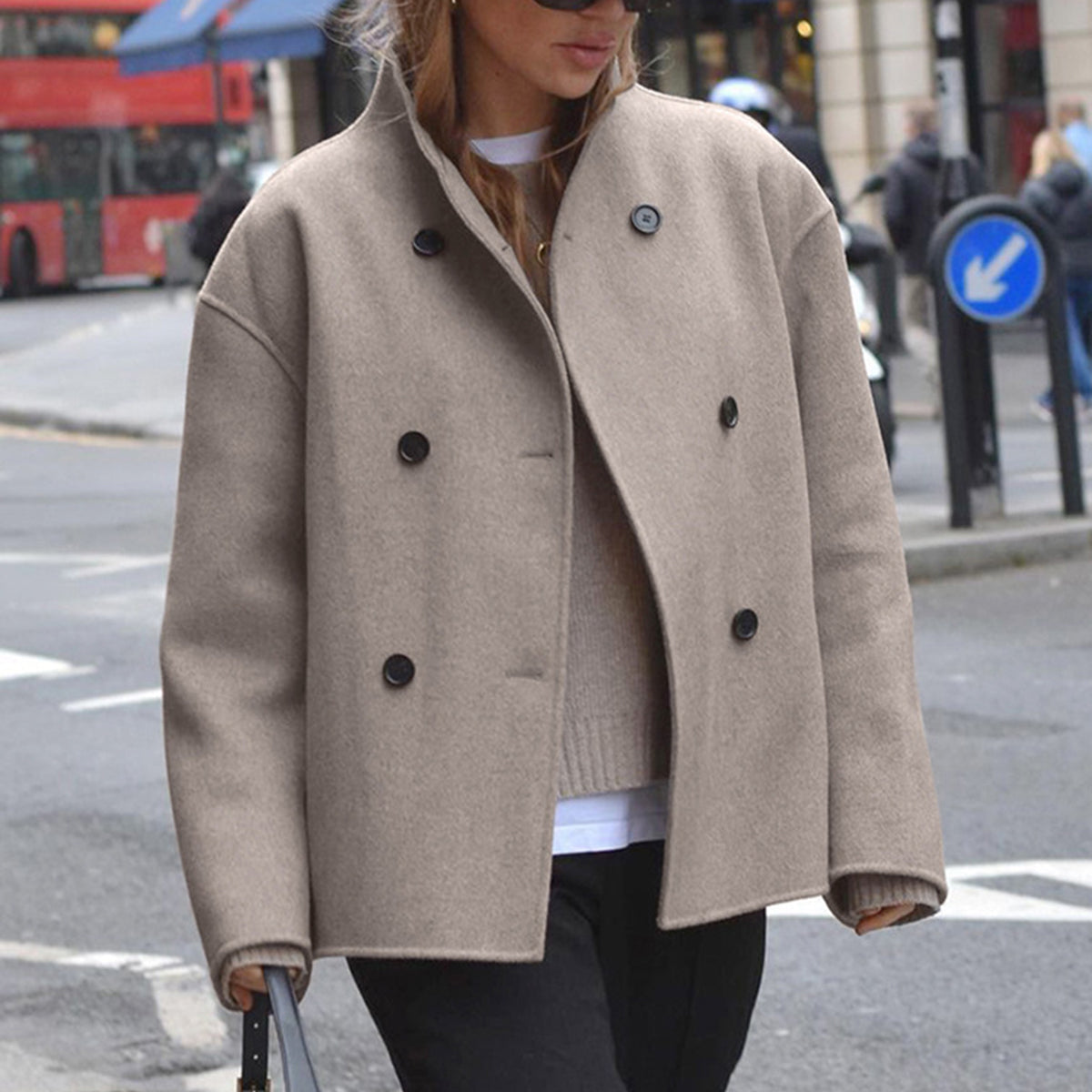 Womens Double-Breasted Coat with Tailored Fit and Soft Woven Fabric, Mid-Thigh Length