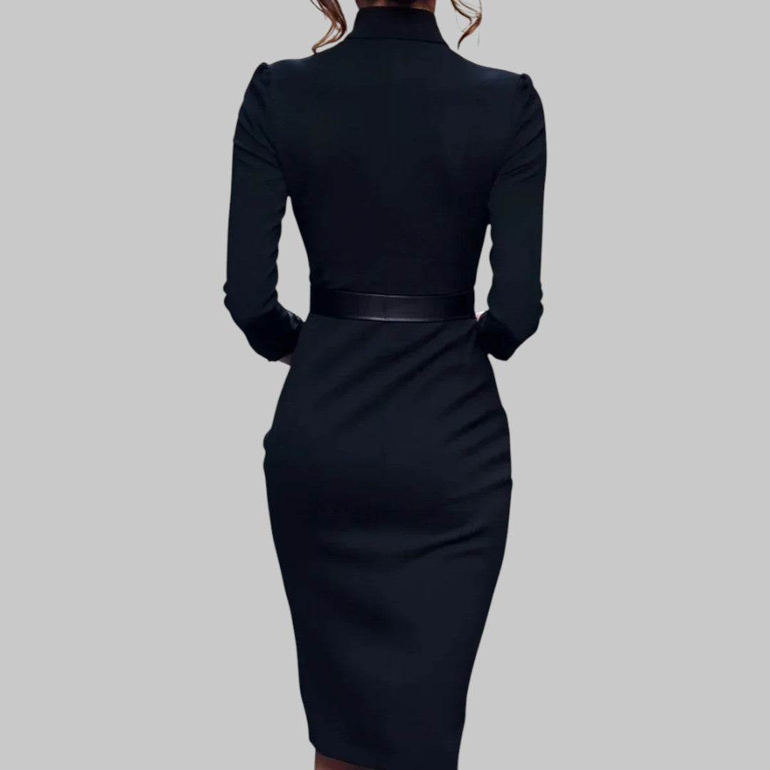 Long Sleeve Midi Dress with Structured Collar and Removable Belt, Tailored Sheath