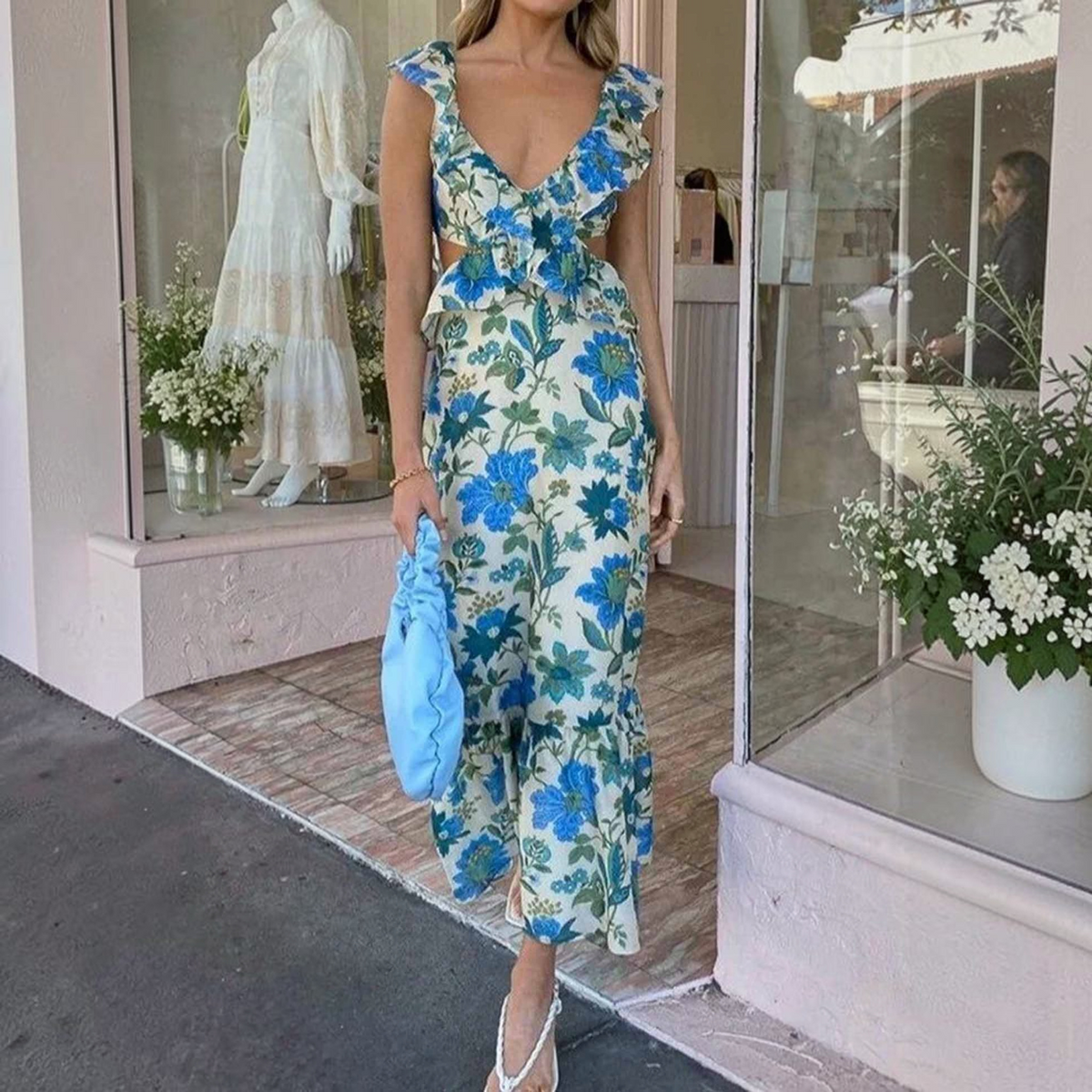 Sleeveless Maxi Dress with Ruffle Straps and V-Neck, Cotton-Blend A-Line Silhouette